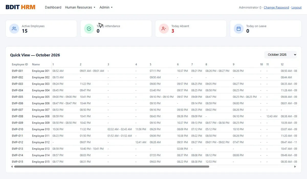 BDIT HRM attendance dashboard