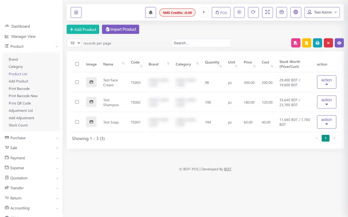 BDIT POS পণ্যের তালিকা